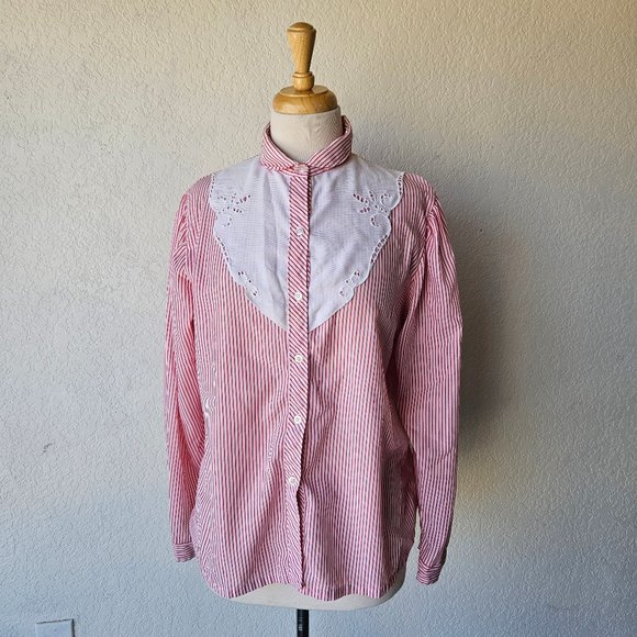 Vintage Tops - Vintage 80s 90s Oak Hill Red White Striped Eyelet Lace Western Cottage Shirt L